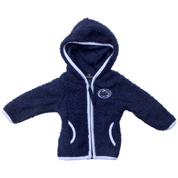 navy infant fleece jacket with stitched Penn State Athletic Logo on left chest and white trim